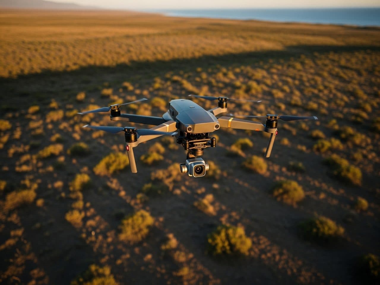 DJI drone sobrevolando la estepa patagónica en hora dorada