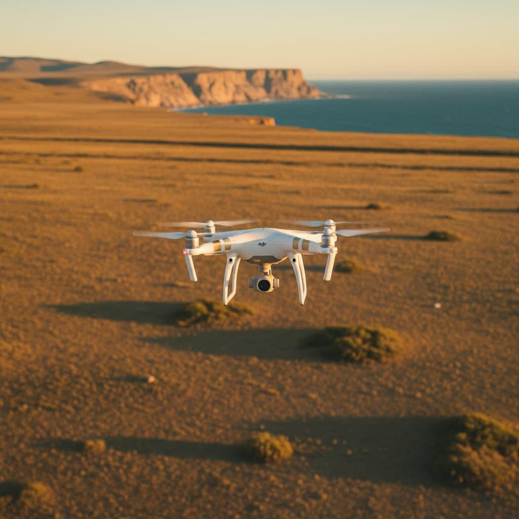 DJI drone flying over the Patagonian steppe at golden hour