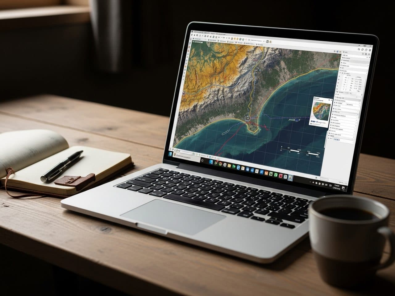 Laptop mostrando un ortomosaico procesado en QGIS