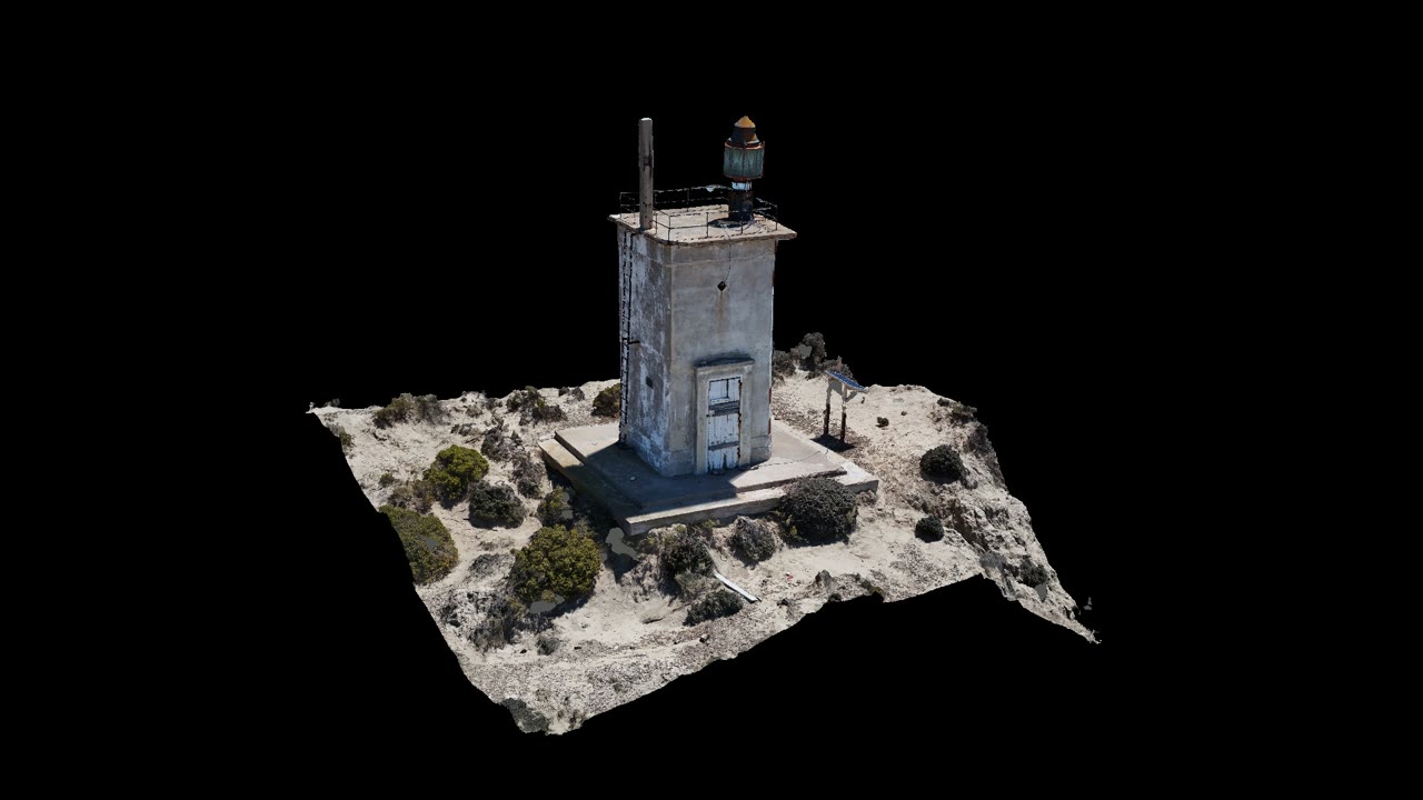 Frame from a three-dimensional fly-through over Faro Cabo Brown, with the lighthouse centered and the Patagonian coast in the background